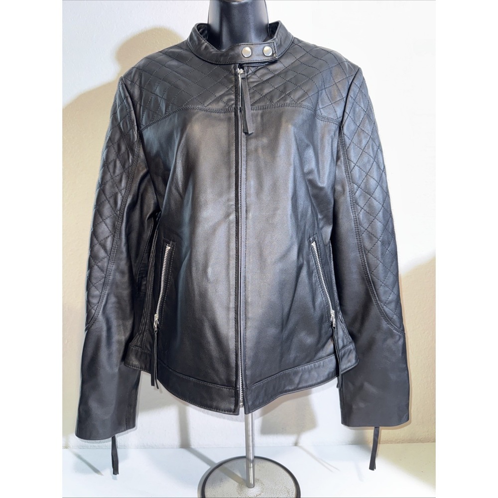 Moda International Black Leather Motorcycle Biker Jacket Women's Size Large L